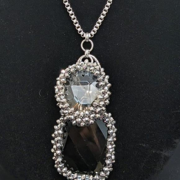 Elegant Silver Necklace With Cut Glass Black And Smoky Crystal Pendants - Picture 2 of 8